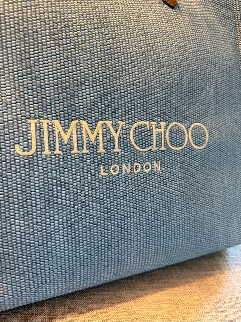 Jimmy Choo NIP London Rhea Blue Raffia Tote Brown Leather Handles $795 MSRP COA - Picture 5 of 15